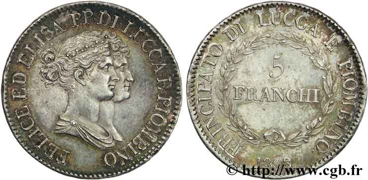 5 franchi, grands bustes 1808 Florence VG.1480  SPL 