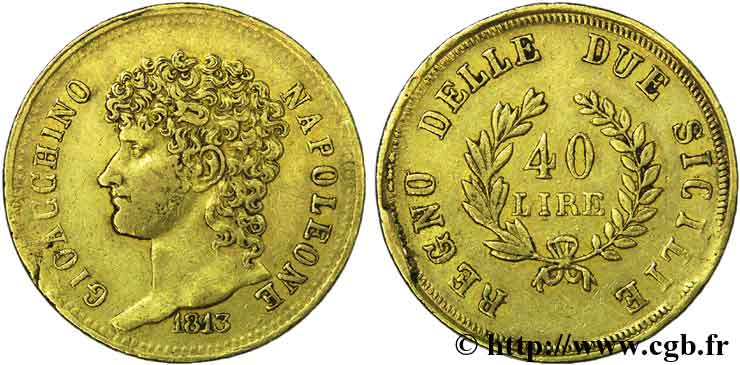 40 lires en or, branches courtes 1813 Naples VG.2250  XF 