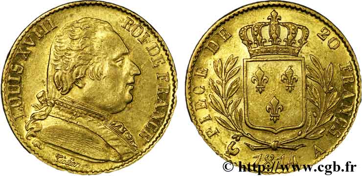 20 francs or Louis XVIII, buste habillé 1814 Paris F.517/2 XF 