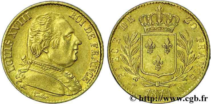 20 francs or Louis XVIII, buste habillé 1814 Lille F.517/9 XF 