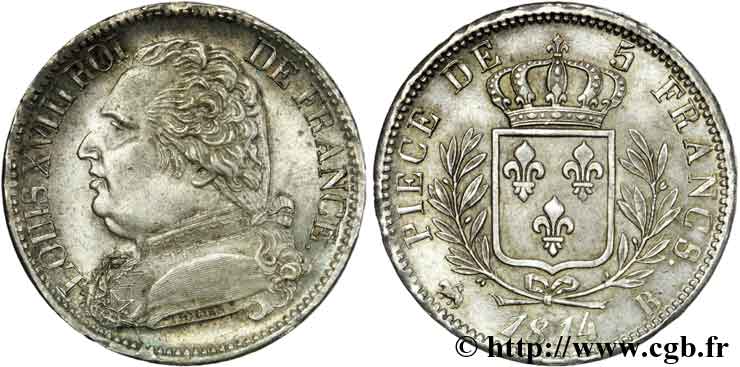 5 francs Louis XVIII, buste habillé 1814  Rouen F.308/2 SUP 
