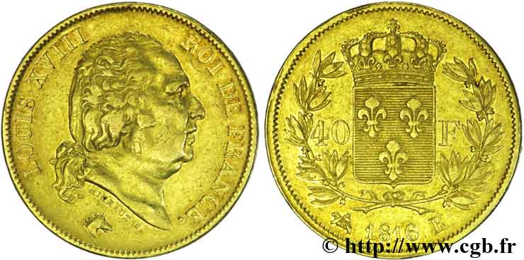 40 francs or Louis XVIII 1816 Rouen F.542/2 XF 