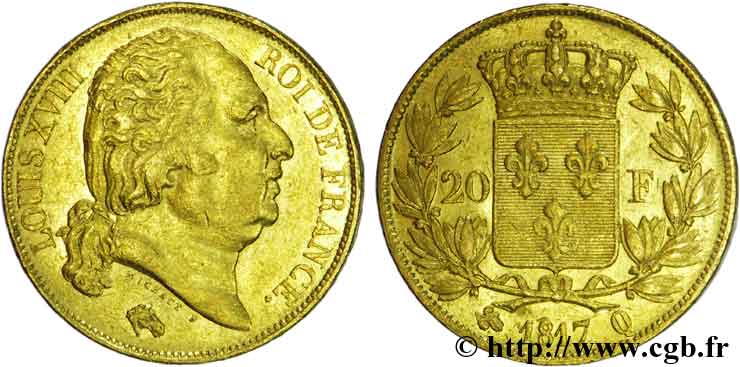 20 francs or Louis XVIII, tête nue 1817 Perpignan F.519/8 XF 