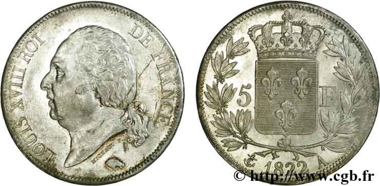 5 francs Louis XVIII, tête nue 1822  Paris F.309/68 AU 