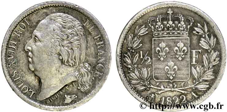 1/2 franc Louis XVIII 1822 Paris F.179/30 MBC 