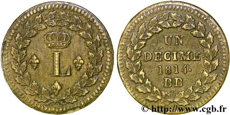 Un décime à l’L couronnée 1814 Strasbourg F.132/1 TTB 