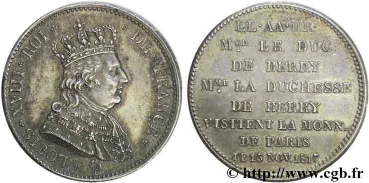 Monnaie de visite du Duc et de la Duchesse de Berry, module de 2 francs 1817 Paris VG.2499  SPL 