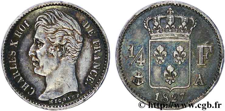 1/4 franc Charles X 1827 Paris F.164/10 AU 