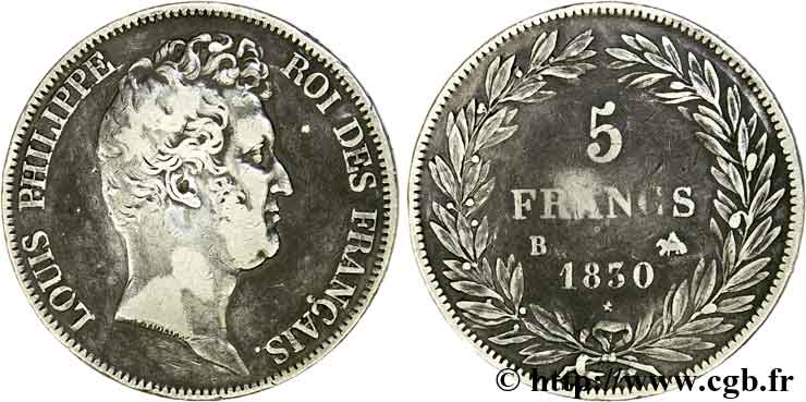 5 francs type Tiolier sans le I, tranche en creux 1830  Rouen F.313/2 BC 