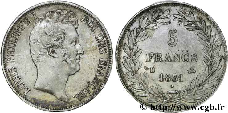 5 francs type Tiolier avec le I, tranche en creux 1831 Rouen F.315/15 MBC 