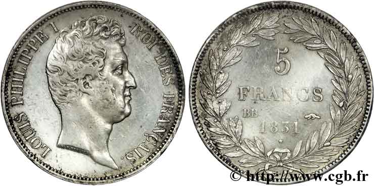 5 francs type Tiolier avec le I, tranche en creux 1831 Strasbourg F.315/16 MBC 