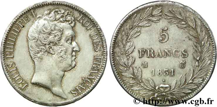 5 francs type Tiolier avec le I, tranche en creux 1831 Toulouse F.315/22 EBC 
