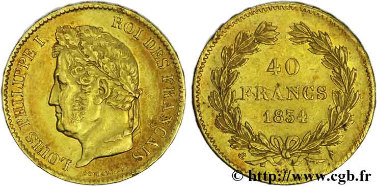 40 francs or Louis-Philippe 1834 Paris F.546/6 AU 