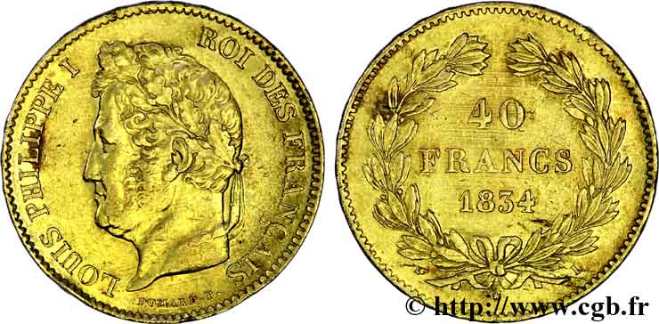 40 francs or Louis-Philippe 1834 Bayonne F.546/7 MBC 