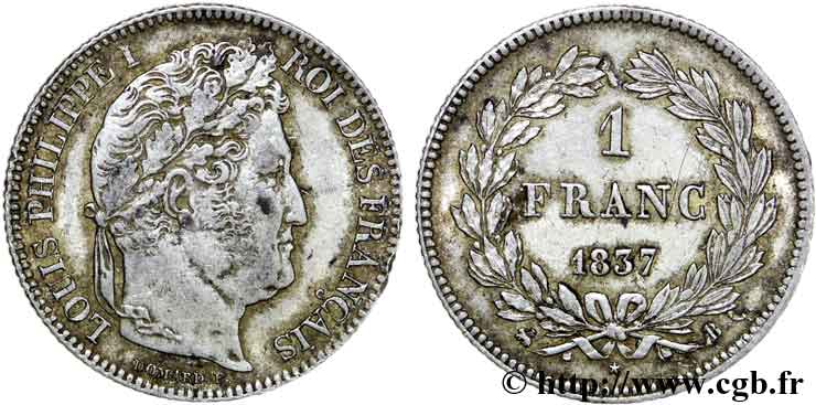 1 franc Louis-Philippe, couronne de chêne 1837 Rouen F.210/56 MBC 