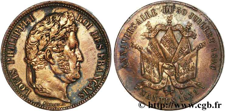 Module de 5 francs en cuivre, Nantes 1832 Paris F.324/1 var. MBC 