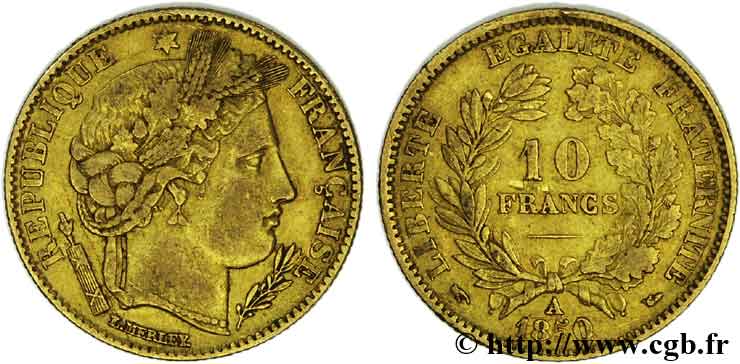 10 francs Cérès Deuxième République, levrette oreille haute 1850 Paris F.504/1 XF 