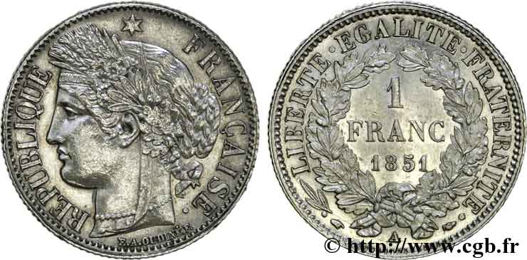 1 franc Cérès, IIe République 1851 Paris F.211/9 SUP 