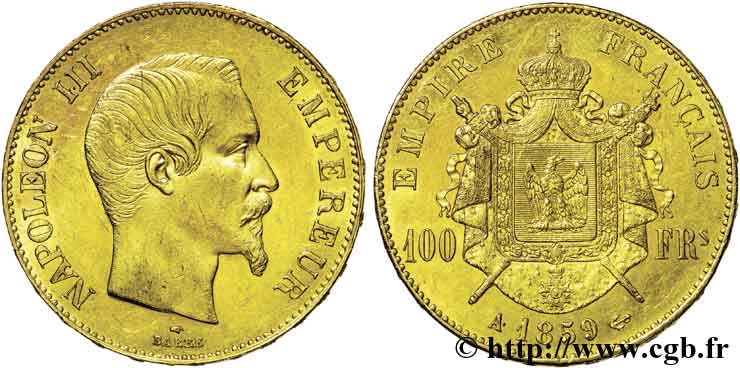 100 francs or Napoléon III, tête nue 1859 Paris F.550/7 XF 