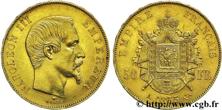 50 francs or Napoléon III, tête nue 1855 Paris F.547/1 EBC 