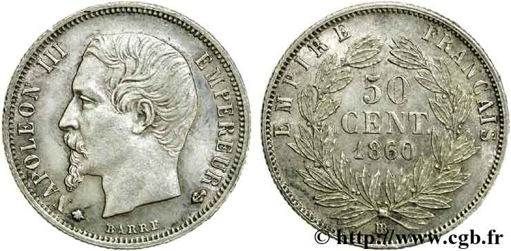 50 centimes Napoléon III, tête nue 1860 Strasbourg F.187/14 AU 