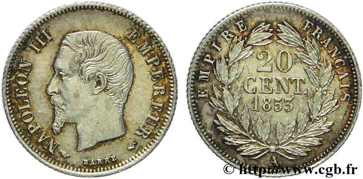 20 centimes Napoléon III, tête nue 1853 Paris F.148/1 EBC 