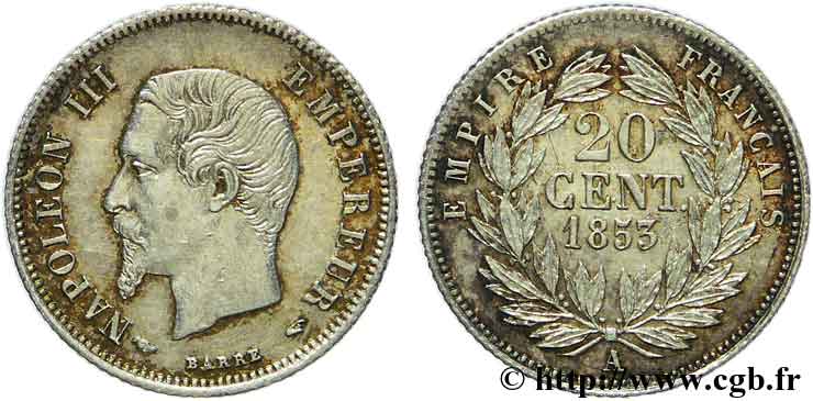20 centimes Napoléon III, tête nue 1853 Paris F.148/1 AU 