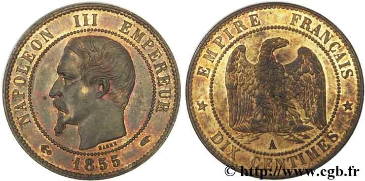 Dix centimes Napoléon III, tête nue 1855 Paris F.133/20 VZ 