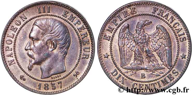 Dix centimes Napoléon III, tête nue 1857 Rouen F.133/42 MBC 