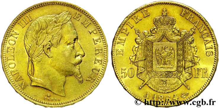 50 francs or Napoléon III, tête laurée 1864 Paris F.548/4 TTB 