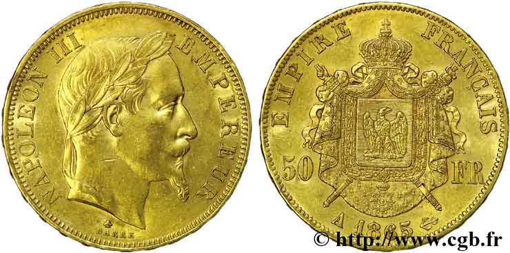 50 francs or Napoléon III, tête laurée 1865 Paris F.548/5 SUP 