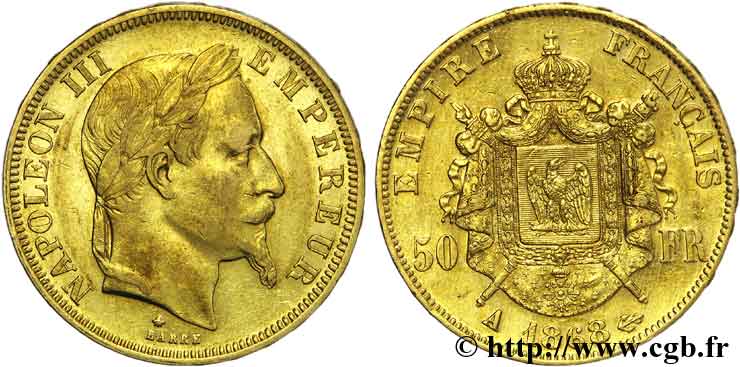 50 francs or Napoléon III, tête laurée 1868 Paris F.548/10 SS 
