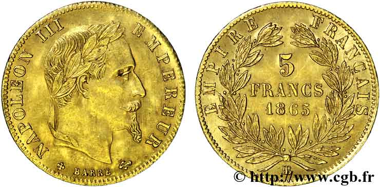 5 francs or Napoléon III, tête laurée 1865 Strasbourg F.502/8 XF 