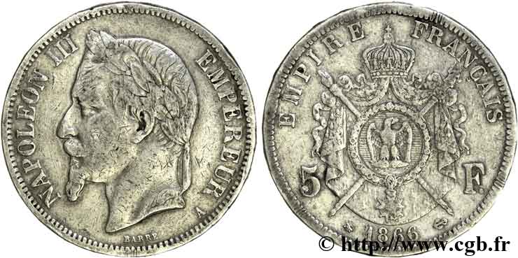 5 francs Napoléon III, tête laurée 1866 Paris F.331/9 MB 