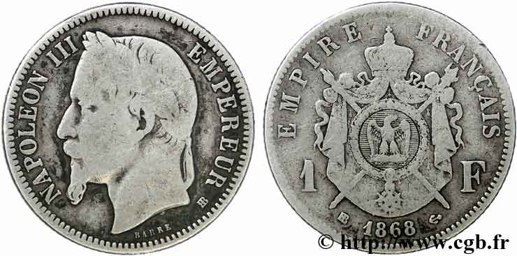 1 franc Napoléon III, tête laurée, double BB 1868 Strasbourg F.215/13 B 