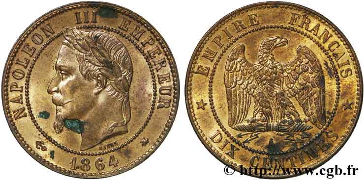 Dix centimes Napoléon III, tête laurée 1864 Paris F.134/13 MS 