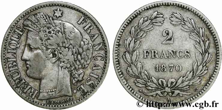 2 francs Cérès sans légende 1870  Paris F.264/1 XF 