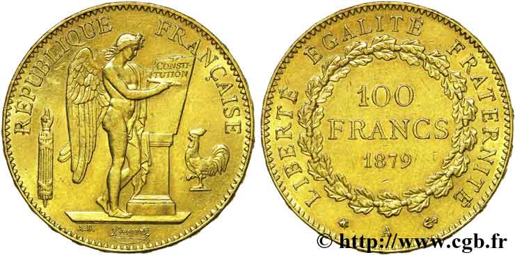 100 francs génie, tranche inscrite en relief Dieu protège la France 1879 Paris F.552/3 BB 
