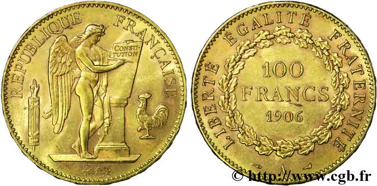 100 francs génie, tranche inscrite en relief Dieu protège la France 1906 Paris F.552/19 SPL 