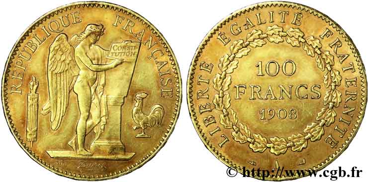100 francs génie, tranche inscrite en relief Liberté Égalité Fraternité 1908 Paris F.553/2 SPL 