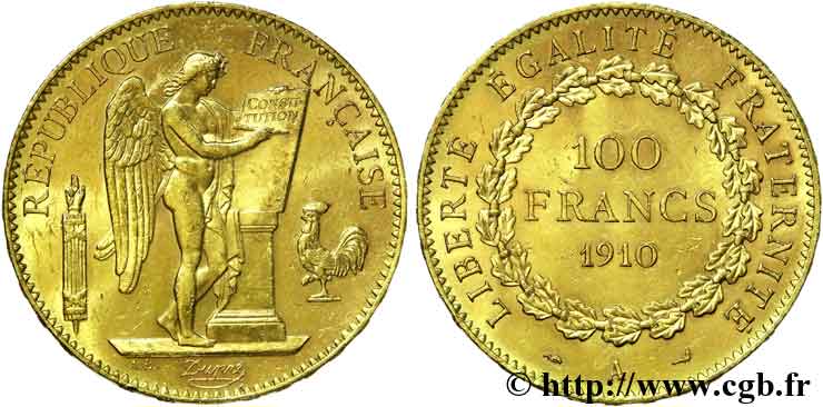 100 francs génie, tranche inscrite en relief Liberté Égalité Fraternité 1910 Paris F.553/4 MBC 