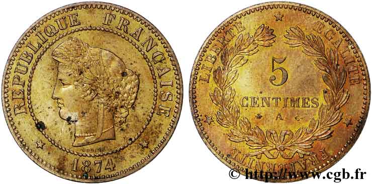 5 centimes Cérès 1874 Paris F.118/9 SPL 
