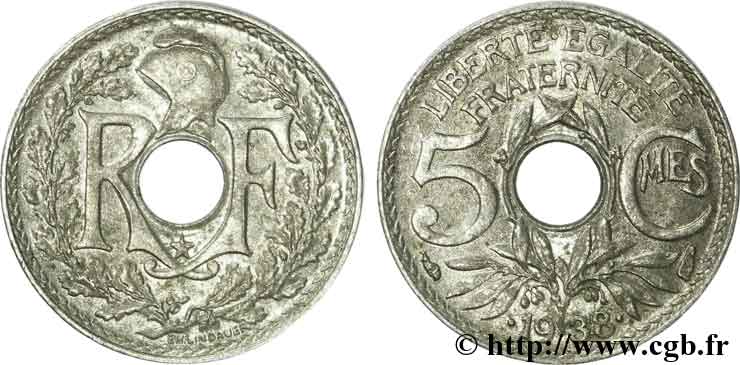5 centimes Lindauer, Maillechort, avec étoile 1938 Paris F.123/1 AU 