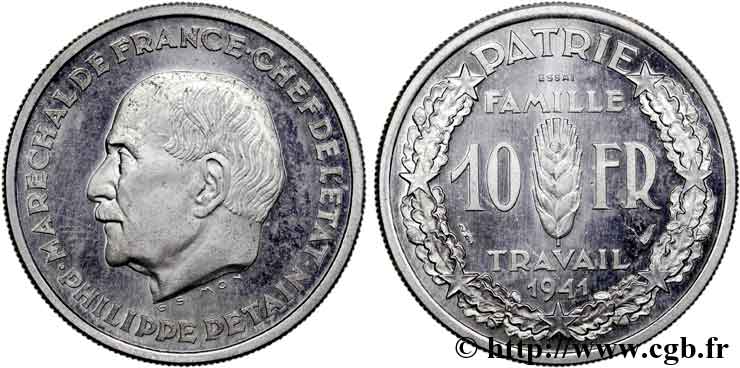 Essai - piéfort de 10 francs Pétain en aluminium de Simon 1941 Paris VG.5571  fST 