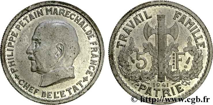 Essai de 5 francs Pétain en cupro-nickel, 1er projet de Bazor 1941 Paris VG.5573   AU 