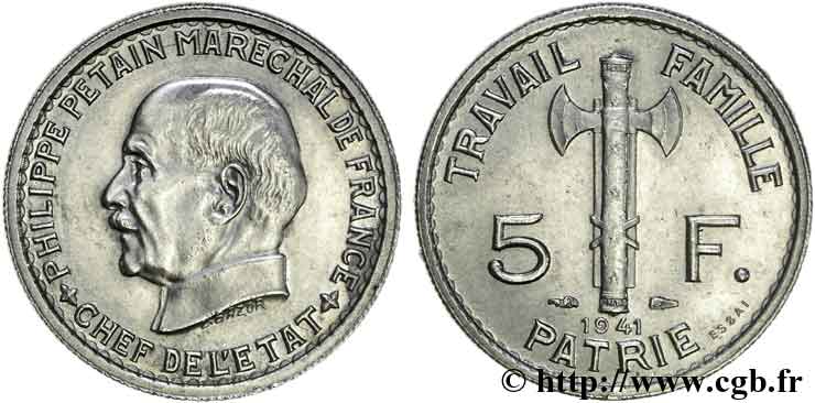 Essai de 5 francs Pétain en cupro-Nickel, 3e type de Bazor (type adopté) 1941 Paris F.338/- var. VZ 