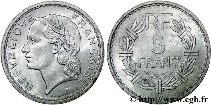 5 francs Lavrillier en aluminium 1952 Paris F.339/22 SPL 