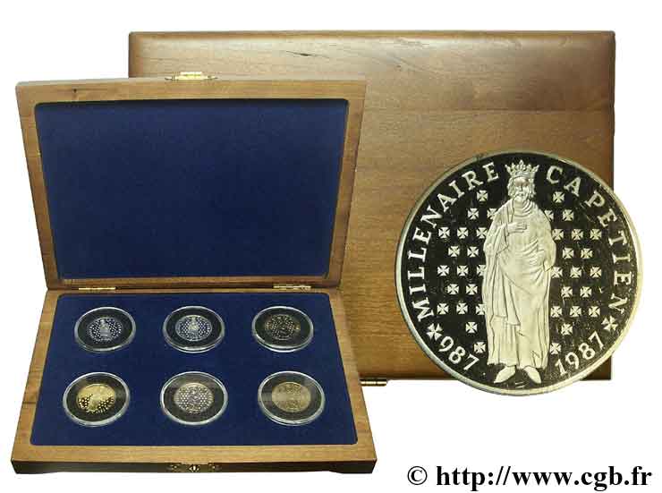 Coffret privé des six 10 francs Millénaire capétien, type courant et commémoratives BE et BU 1987 Pessac F.371/ FDC 