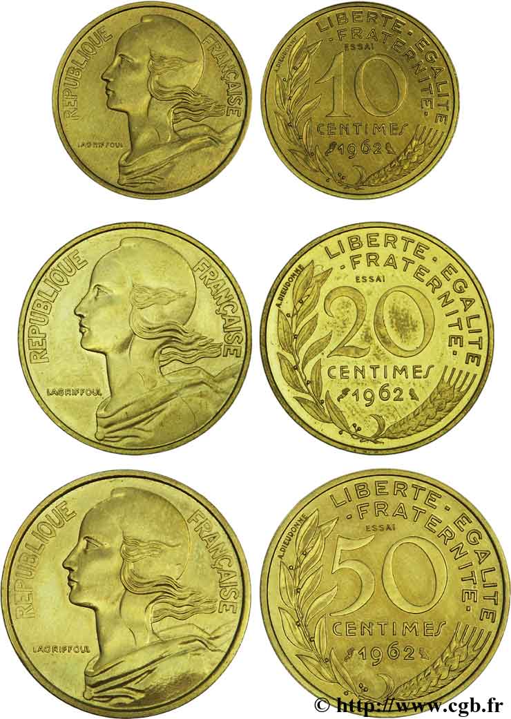 Série de trois essai-piéforts : 50-20-10 centimes Marianne 1962 Paris  VZ 