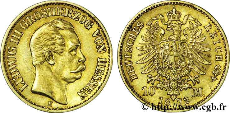 GERMANY - GRAND DUCHY OF HESSE - LOUIS III 10 marks or, 1er type 1872 Darmstadt XF 